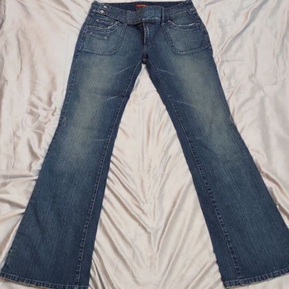Blue Asphalt‎ Faded Dark Wash Distressed Flare Bottom Jeans Size 11 Juniors - Picture 1 of 11